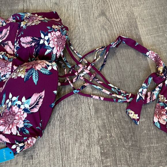 Ambrielle NEW Push Up Bandeau Floral D Cup Swim Tankini Top M/L Strappy Halter - Picture 6 of 9